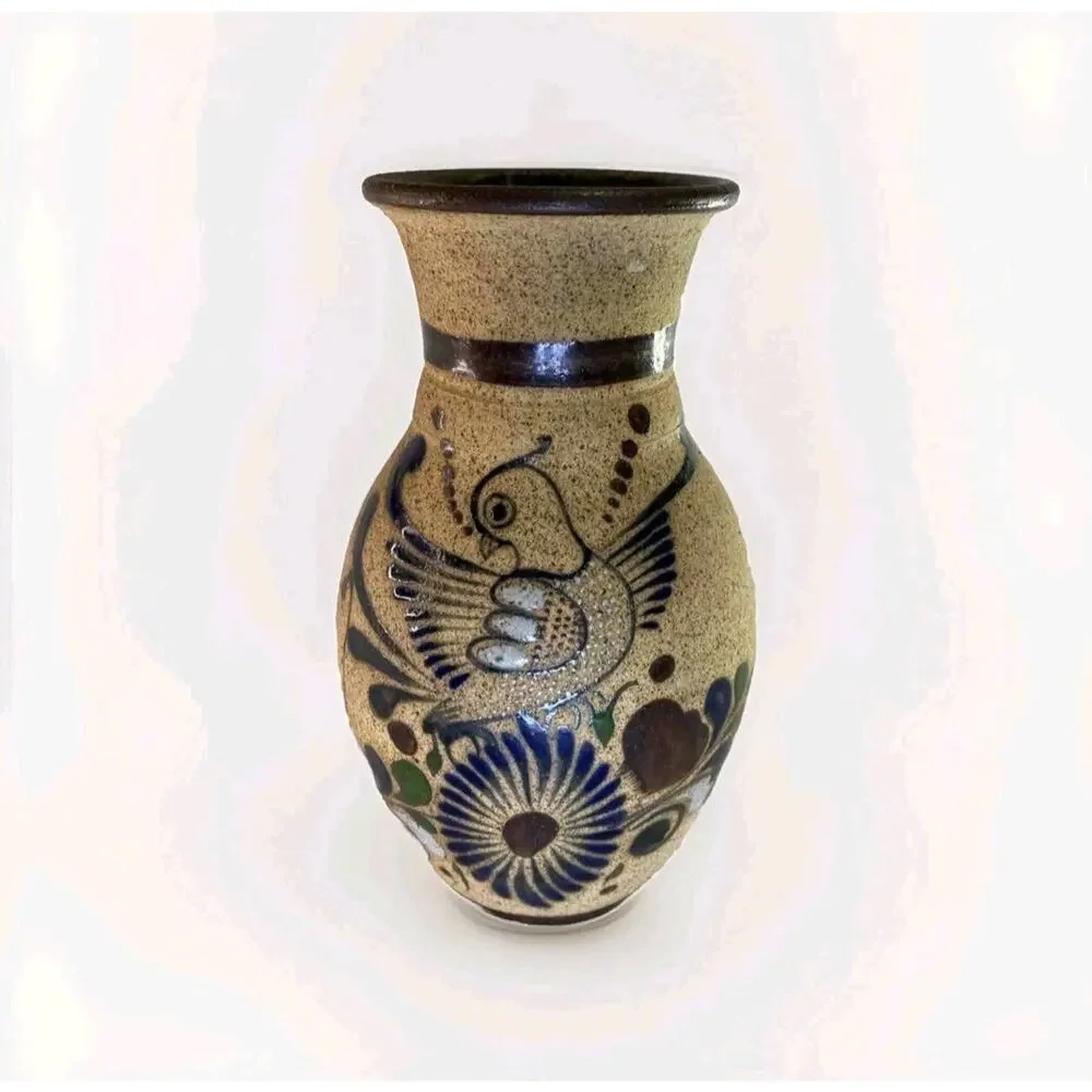 Vtg Tonala Mexico Pottery Vase 9” Hand Painted Bird Folk Art Floral Signed Boho